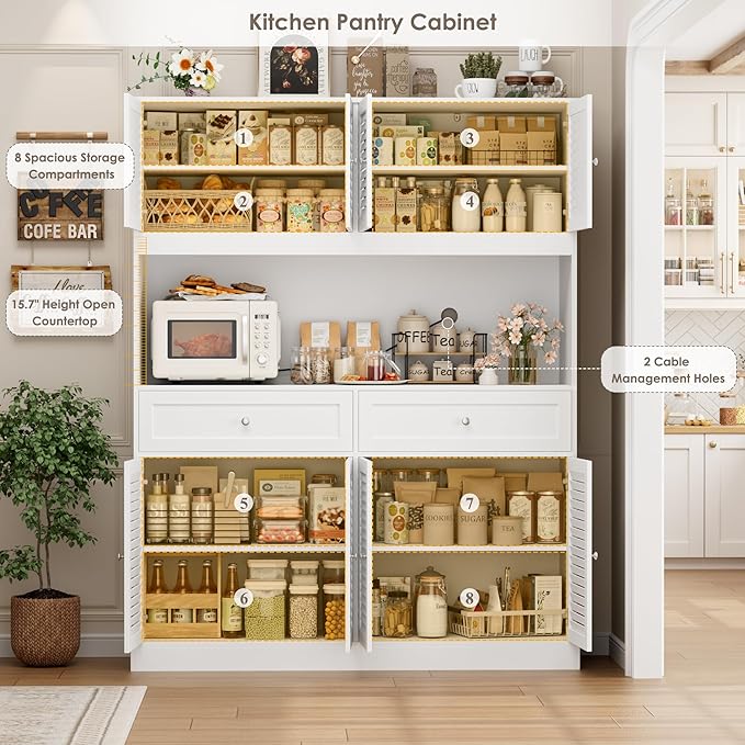 HIFIT 71" Hx55''W Large Kitchen Hutch Storage Cabinet, Farmhouse Coffee Bar Hutch with Microwave Stand, Tall Kitchen Pantry Cabinet with Louvered Doors, 2 Cable Holes, 2 Drawers, White