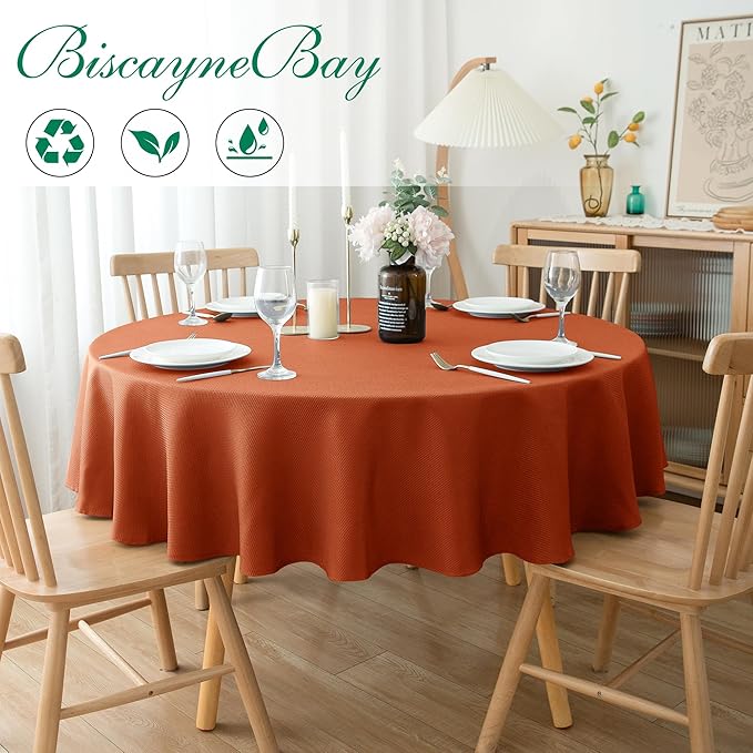 Biscaynebay Fall Tablecloth Textured Fabric Round Tablecloths 70", Rust Thanksgiving Autumn Harvest Water Resistant Fabric Tablecloths for Kitchen, Dining, Wedding, Parties Machine Washable