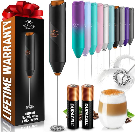 Zulay Kitchen Powerful Milk Frother Handheld with 2 Duracell AA Batteries – Ultra Fast Frother Wand Electric Drink Mixer for Coffee, Lattes, Cappuccinos, Matcha & Hot Chocolate – Portable Foam Maker