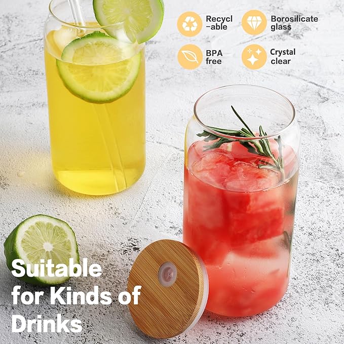 HOMBERKING Glass Cups with Bamboo Lids and Straws 12pcs Set, 20oz Can Shaped Glass Cups, Beer Glasses, Iced Coffee Cup, Cute Tumbler Cup with Cleaning Brushes, Ideal for Cocktail, Whiskey, Tea