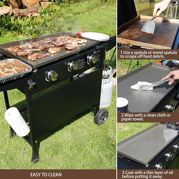 KingChii 28" 3-Burner Griddle with Counter Height Side Shelves, Powder Coated Steel, Black