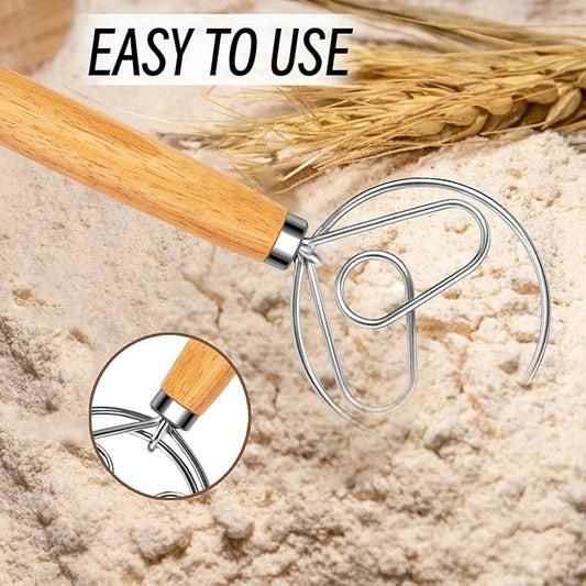 Danish Dough Whisk with Dough Hook Stainless Steel Bread Whisk Wooden Handle for Sourdough Bread Baking Dough Mixing