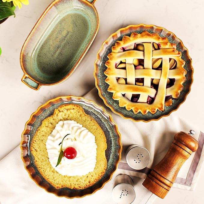 jinsongdafa Large Quiche Tart Pans Pan Set of 2, 13.5 oz Ceramic Au gratin pans, Fluted Ruffled Edge for Quiche Baking Dish/Pie Pan, Microwave Freezer Dishwasher Oven safe, Great Gift for Bakers