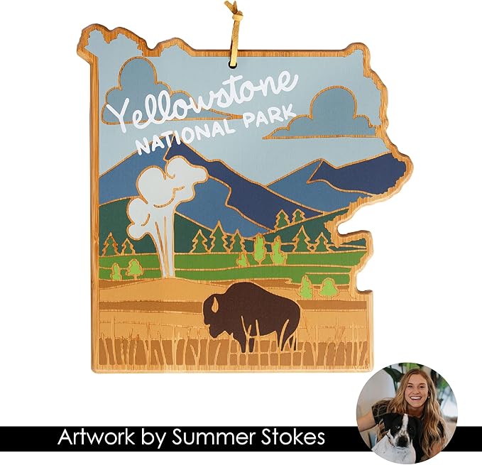 Totally Bamboo Yellowstone Park Shaped Cutting Board and Charcuterie Serving Platter with Artwork by Summer Stokes, Includes Hang Tie for Wall Display