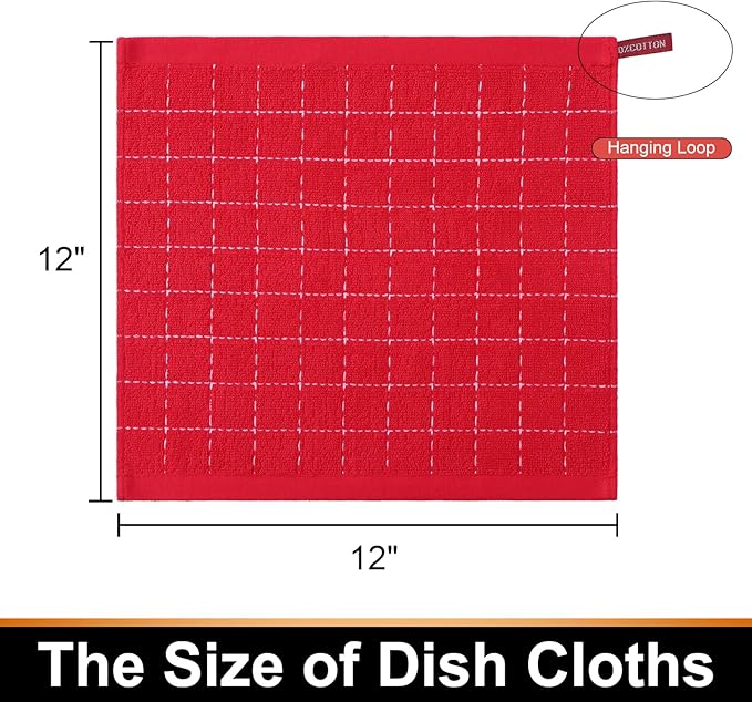 Mordimy 100% Cotton Terry Cloth Dish Cloths, Soft and Absorbent Checkered Dish Towels, Quick Drying Dish Rags for Washing Dishes, 6 Pack, 12 x 12 Inches, Red