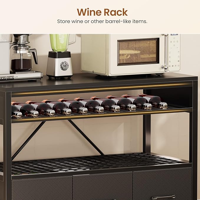 Itaar Bakers Rack with Storage Drawers, Microwave Stand with Power Outlet and LED Lights, 35.4 inch Coffee Bar Cabinet with Hutch, Wine Rack and Hooks for Kitchen, Living Room, Black