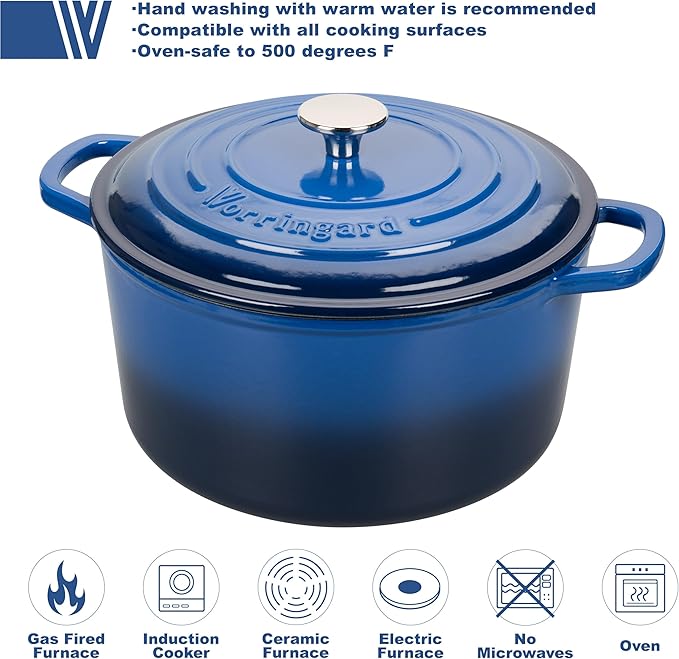 VORRINGARD Enameled Cast Iron Dutch Oven Pot with Lid, for Sourdough Bread Baking, Round Dutch Ovens, 6 Quart, Blue