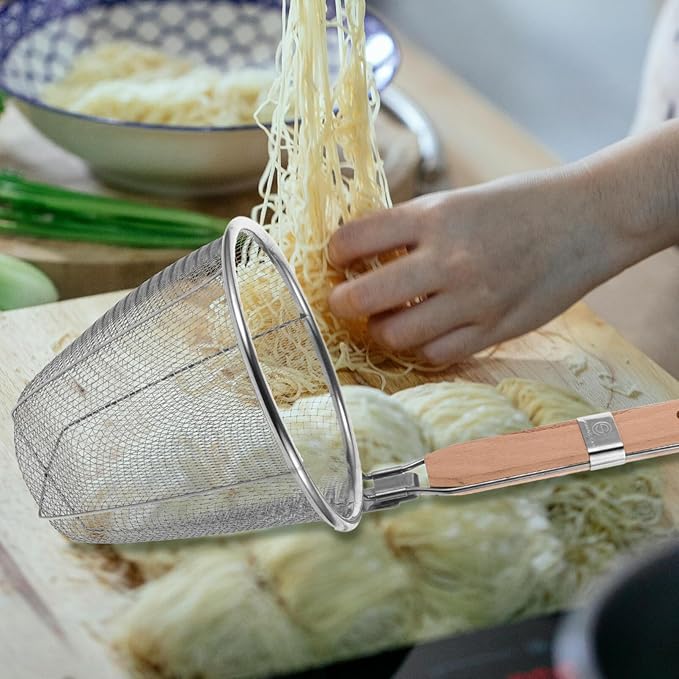 Stainless Steel Pasta Strainer Basket with Wooden Handle 13 Inch Noodle Skimmer Spoon for Cooking Dumplings Hot Pot and Food Draining