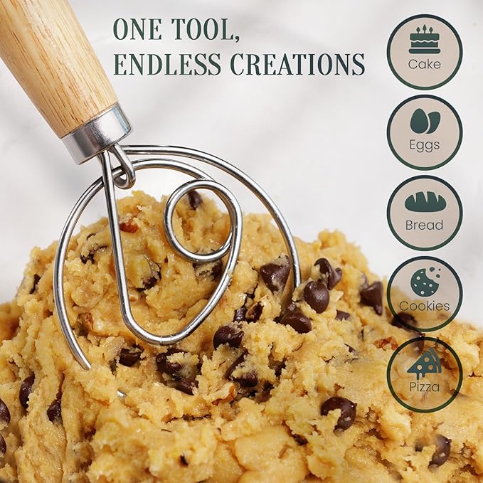 BRIVANA 13-Inch Danish Dough Whisk – Wooden Handle with Stainless Steel Single Loop – Bread Whisk for Sourdough, Pizza Dough, Cake Batter and Artisan Bread Baking