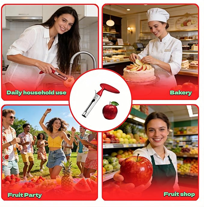 Apple Corer, Stainless Steel Apple Corer and Divider with Sharp Serrated Blade – Easy to Use – Core Remover Tool for Apples, Pears, Cupcakes – Heavy-Duty Kitchen Gadget for Baking, Cooking (Red)