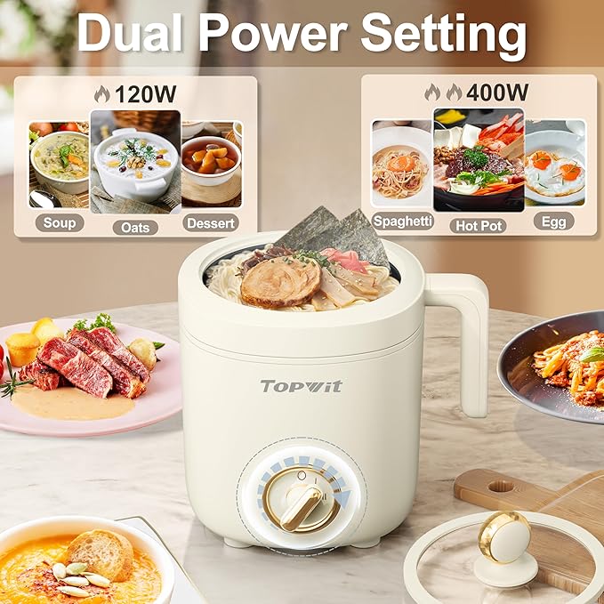 TOPWIT Hot Pot Electric Pot for Cooking, Ramen Cooker 1.2L, Non-Stick Portable Noodles Cooker for Pasta, Soup, Steak, Oatmeal, College Dorm Room Essentials, Shabu Shabu Pot with Power Adjustment,Beige
