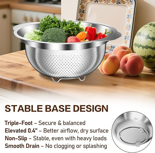3.5QT Colander with Bowl, Strainers and Colanders, Stainless Steel Colander for Kitchen, Kitchen Strainer for Pasta Fruits Vegetables, Draining, Soaking, Prep Food, Dishwasher Safe, Silver