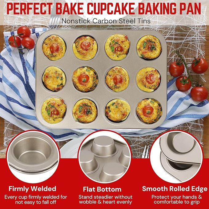 Flexzion Muffin Tray Cupcake Baking Pan 2 Pack, 12-Cup Nonstick Carbon Steel Muffin Tin Non-Stick Cupcake Tin Bakeware Accessories for Baking Brownies Snack, Fridge Safe, Champagne Gold
