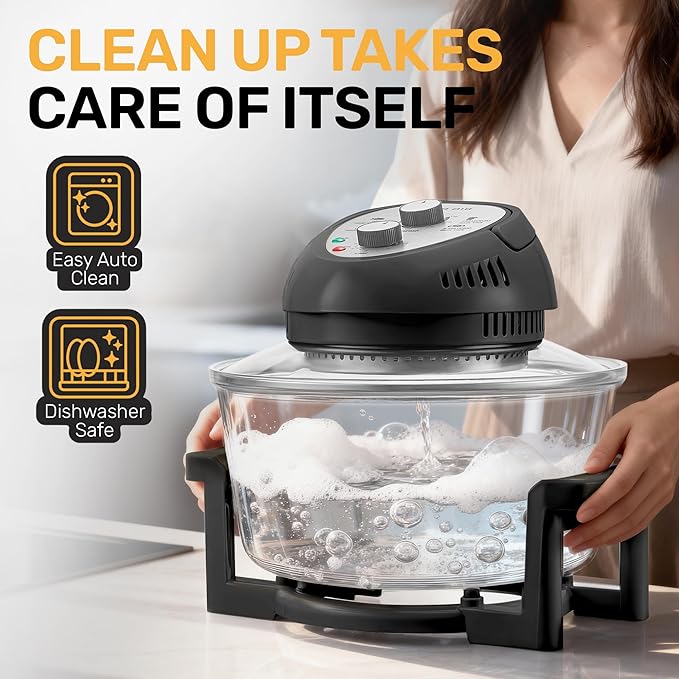 Big Boss 16Qt Large Glass Air Fryer Non Toxic – Family Sized Large Halogen Oven Cooker with 3 Cooking Sections, Stainless Steel Racks, French Fries, Chicken, No Preheat, Self Cleaning, Dishwasher Safe