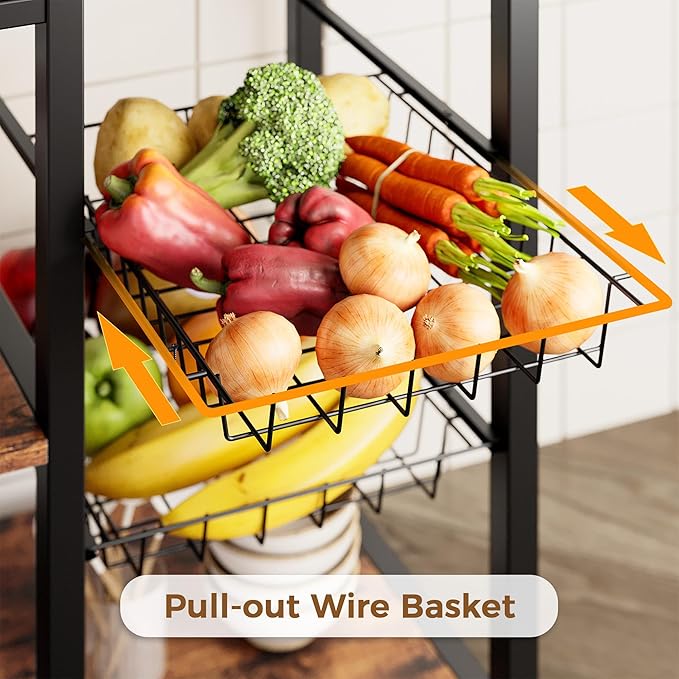 IRONCK Large Bakers Rack with Power Outlet, 6-Tier Corner Microwave Stand, Industrial Coffee Bar with Wine Rack, Hooks & Wire Baskets for Kitchen Spices/Pots, Rustic Brown