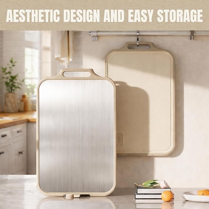 Stainless Steel Cutting Board, Double Sided Steel Cutting Boards for kitchen, Non Toxic Stainless Steel/Wheat straw pp Large size for meat,17 * 11 Inch,Dishwasher Safe,luxury style Aesthetic chopping