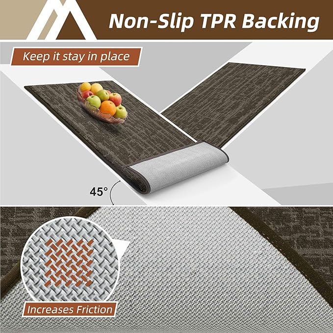 COSY HOMEER Kitchen Rugs 20"x32"+20"x48",Absorbent Soft Kitchen Mats for Floor,Non Slip Kitchen Runner Rug,Washable Kitchen Floor Mats for Sink Mat,Hallway,Laundry,Brown