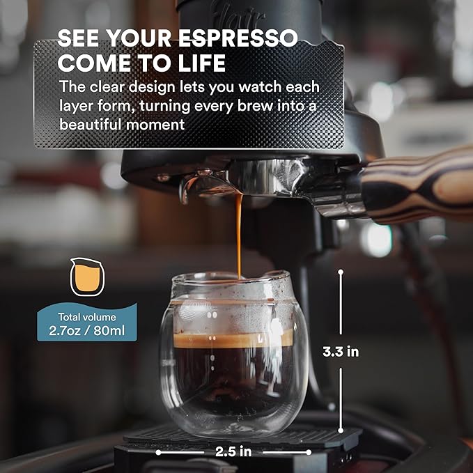 ovalware Espresso Pouring Glass Set of 2 | Double-Wall 2.7oz/80ml Shot Measuring Cup | Heat Protective Comfort | Oval Measurement Dots for Ristretto and Espresso | Drip-Free Precision Spout