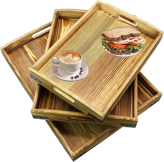 Owlgift Rustic Burnt Wood Serving Trays with Brass Metal Wrap Accents, Set of 3