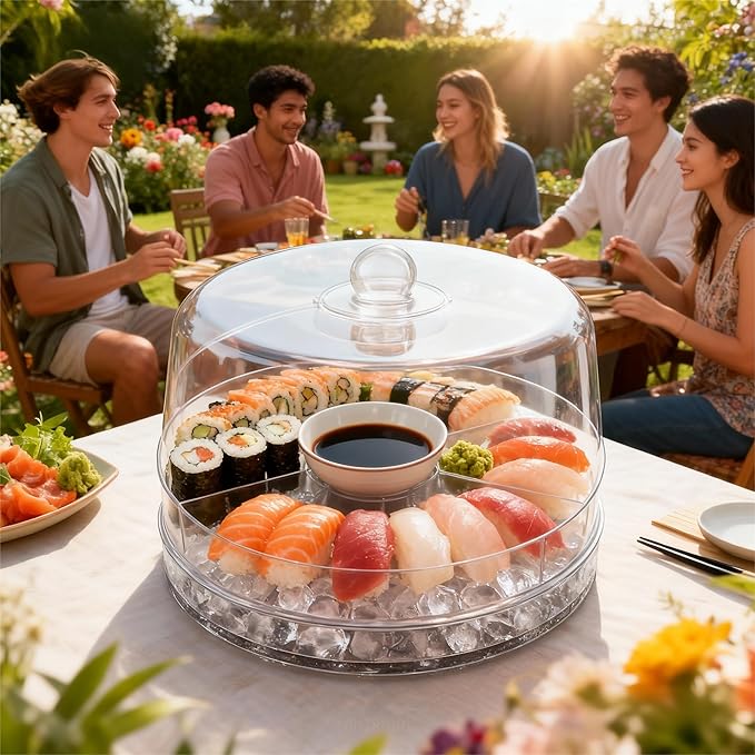 4-in-1 Small Mini Premium Rotating Chilled Serving Tray, 9.05" Ice-Cooled Party Platter with 4 Compartments – Perfect for Fruit, Cake, Desserts, and Shrimp Cocktails – Keeps Food Fresh & Cool
