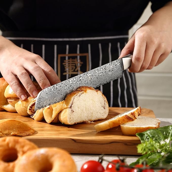 zayiko Black Edition Bread knife 8-inch blade extremely sharp from 67 layers I Damascus kitchen knives and professional chef's knives made of genuine Japanese Damascus with Pakka wood