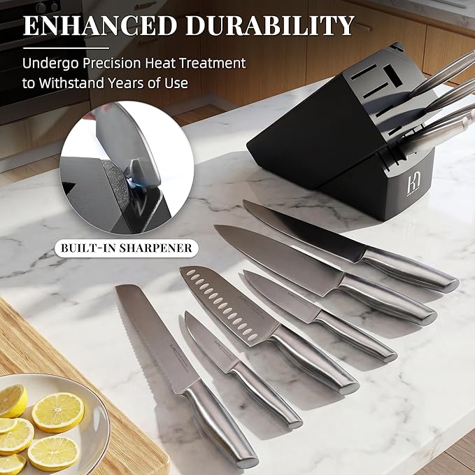 Knife Set Premium, Kitchen Knife Block Set 14 Pcs Japanese High Carbon Stainless Steel Enduring Razor Sharp, Black Chef Knives Set with Built-in Sharpener and Acacia Wood Block for Kitchen