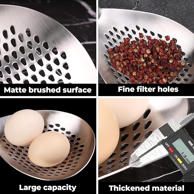 MARTE Skimmer Slotted Spoon -14.8in Pasta Strainer Skimmer Ladle Spoon for Cooking and Frying - Kitchen Scoop Colander Strainer Spoon with Heat Resistant Black Wooden Handle