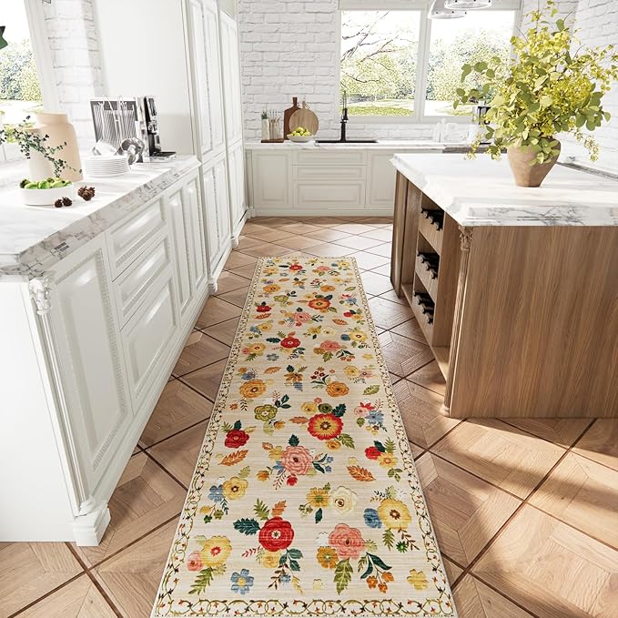 Machine Washable Rug Runners for Hallways: 2X 10 Kitchen Rugs Stain Resistant Non Slip Long Rug with Rubber Backing Soft Floral Carpet Runners for Entryway Kitchen Bedroom Laundry Farmhouse
