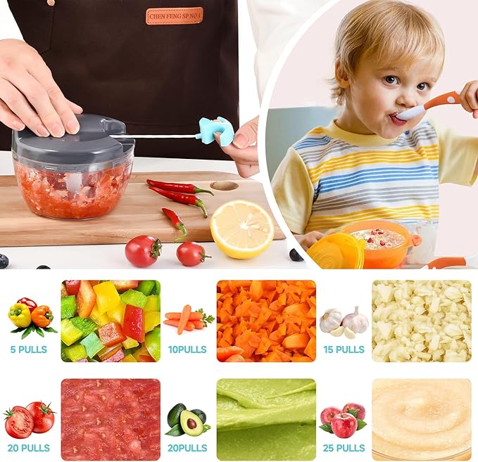 Ziweaye Manual Food Processor Vegetable Chopper, Portable Hand Pull String Garlic Mincer Onion Cutter for Veggies, Ginger, Fruits, Nuts, Herbs, etc., 500ml,（Gray-blue）