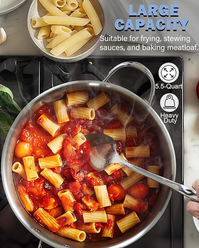 Cooks Standard 5.5-Quart Multi-Ply Clad Stainless Steel Deep Sauté Pan, 12-inch Frying Pan, Large Skillet with Lid Chef Induction Cookware, Stay-Cool Handle