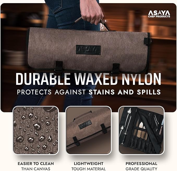 Asaya Chef Knife Roll Bag - 20 Total Pockets for Knives and Kitchen Utensils - Made with Stain Resistant Waxed Nylon - For Chefs and Culinary Students - Knives Not Included(Brown)