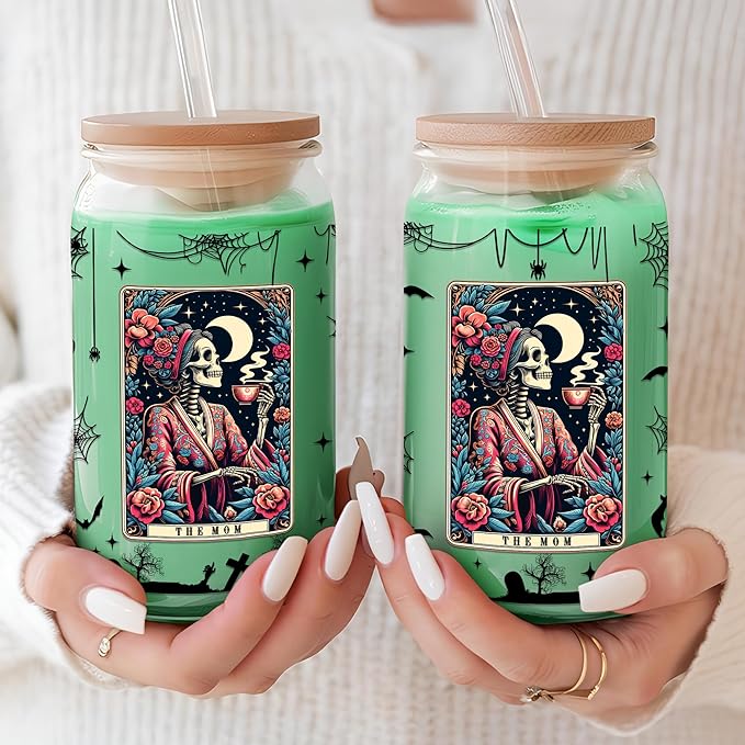Funny Skeleton Mom 16 Oz Iced Coffee Cups Tarot Card Halloween Glass with Lids and Straws Spooky Skull Drinking Glasses Mommy Witchy Mugs Gothic Christmas Gifts for Women Mama Aunt Coworkers