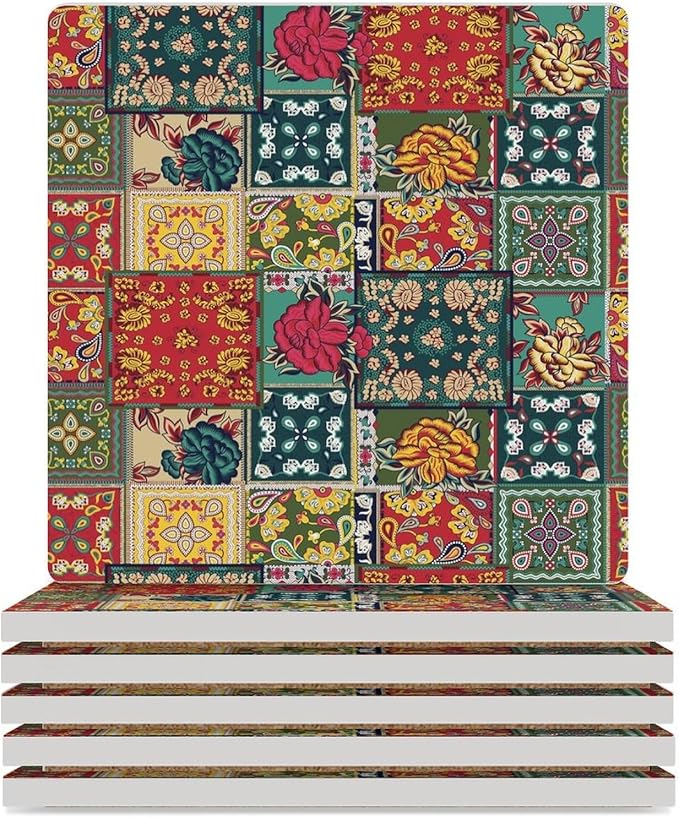 Floral Drink Coasters, Square Ceramic Drink Coaster Square-6PCS, Abstract Perris Flower Nature Plant Colorful Boho Floral Decor Absorbent Ceramic Coasters for Beverage Cup, Bar, Coffee Table