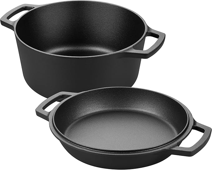 VORRINGARD Pre-seasoned Cast Iron Double Dutch Oven Pot with Skillet Lid, Dual-handle, for Bread Baking, Outdoor, Campfire Cooking, include Sourdough Bread Baking Supplies like Banneton Bread Proofing Basket, 5 Quart