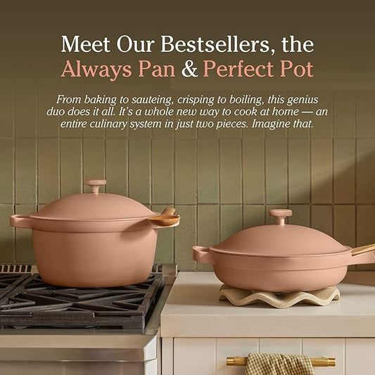 Our Place Cookware Duo | 7-Piece Ceramic Cookware Set with 10.5" Always Pan 2.0, 5.5 Qt Perfect Pot & Strainer Basket | Induction & Oven Safe up to 450°F | Nonstick, Non-Toxic Cookware | Blue Salt