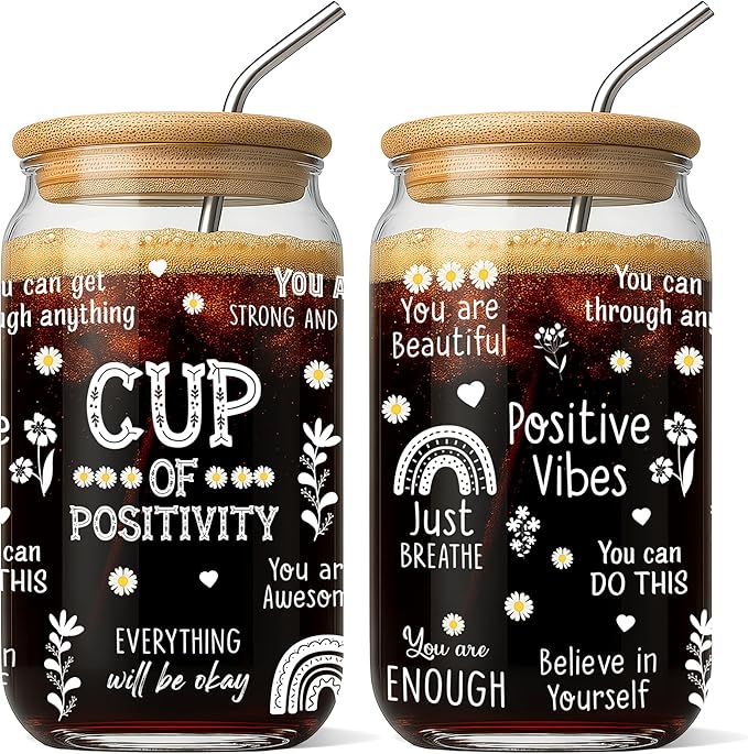Inspiration Glass Cup 16 Oz with Lid and Straw Positive Motivational Tumbler Iced Coffee Aesthetic Cups Birthday Mothers Day Christmas Inspirational Gifts for Women Mom Teachers Friends