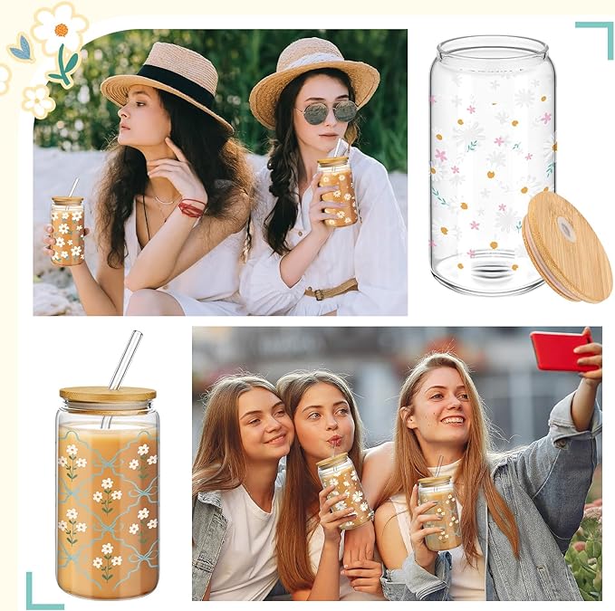 Mumufy Gift for Women Cute Glass Cup Tumbler Flower Iced Coffee Mugs 16 oz Glass with Bamboo Lid & Straw, Mothers Day Birthday Gift for Mom Sister Bridesmaid Baby Shower(4 Pack,Fresh Flower)