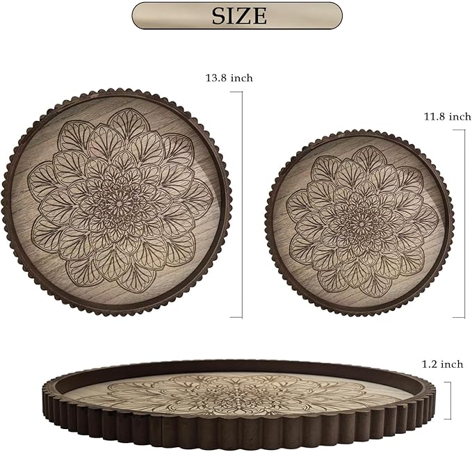 EspoirLuvRound Decorative Tray Set of 2 – Wooden Coffee Table Trays, Rustic Boho Decor Accents for Ottoman, Living Room, and Entryway