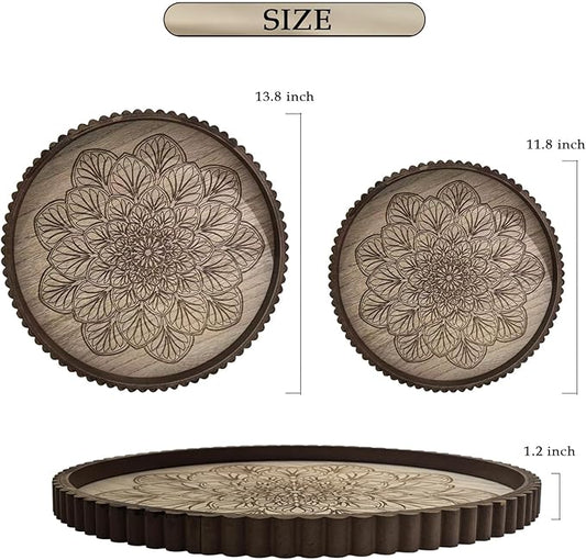 EspoirLuvRound Decorative Tray Set of 2 – Wooden Coffee Table Trays, Rustic Boho Decor Accents for Ottoman, Living Room, and Entryway