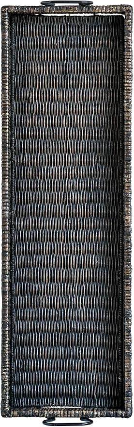 Creative Co-Op Black Rattan & Wood Tray with Handles