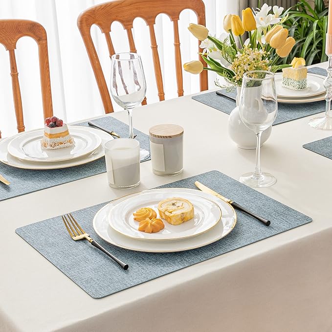 Romanstile Vinyl Placemats Set of 6-12 X 17 Inch - Heat Resistant Place Mats 100% Waterproof Oilproof Wipeable Reversible Faux Leather Table Mats for Kitchen, Dining, Party, Outdoor, Sky Blue
