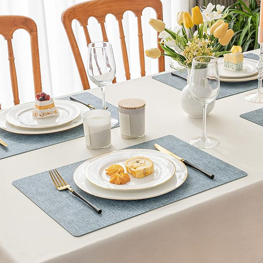 Romanstile Vinyl Placemats Set of 6-12 X 17 Inch - Heat Resistant Place Mats 100% Waterproof Oilproof Wipeable Reversible Faux Leather Table Mats for Kitchen, Dining, Party, Outdoor, Sky Blue