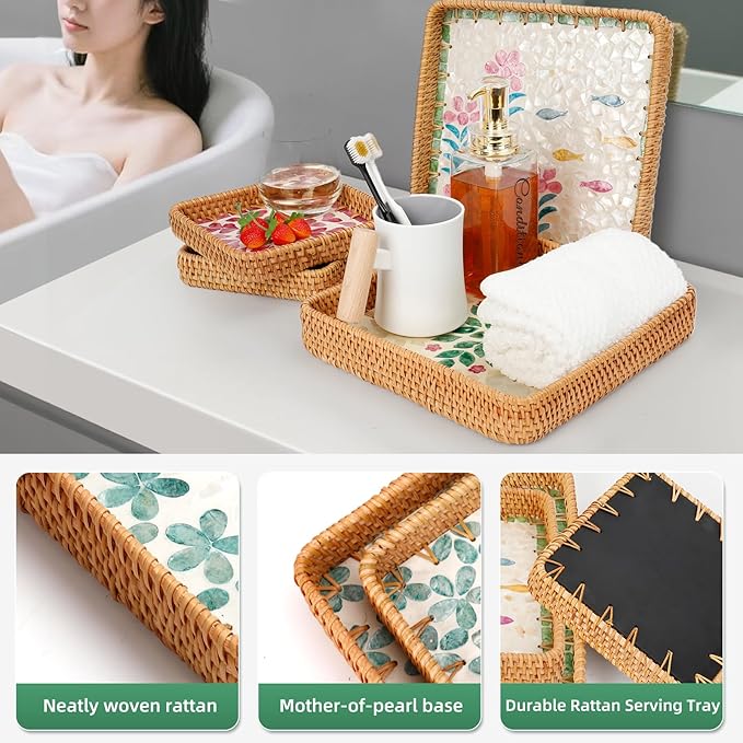 1 pcs Rectangle Rattan Serving Tray with Mother of Pearl Inlay, Decorative Wicker Tray for Coffee, Bread, Fruits, Elegant Table Decor for Living Room & Dining Room