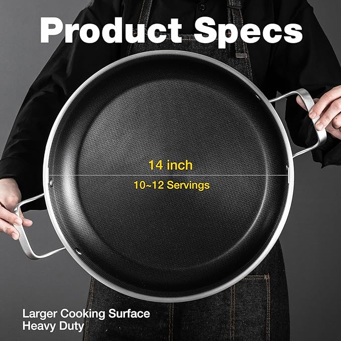 Yeksum Tri-Ply 14.5 Inch Stainless Steel Paella Pan,12 Servings Paella Pan with Lid,18/10 Nonstick Large Skillet,Jumbo Cooker,Induction Pan,Skillets,for Outdoors,Camping,Parties