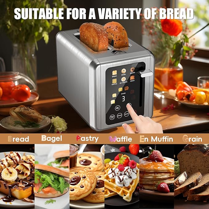WUNLY Touch screen Toaster 2 slice,Stainless Steel Digital Timer Toasters with Sound Function,6 Bread Types & 6 Shade Settings,Smart Extra Wide Slots Toaster with Bagel,Defrost Functions,Platinum