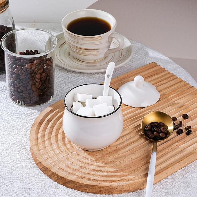 7oz Farmhouse White Ceramic Sugar Bowl with Lid and Spoon Salt Container Jar for Coffee Table Porcelain Condiment Pot for Seasoning