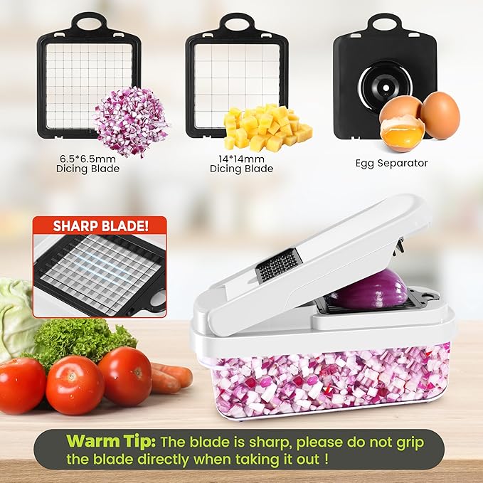 Vegetable Chopper,12-in-1 Multifunctional Food Chopper,Professional Onion Chopper with 7 Blades,Vegetable Cutter with Container for Salad,Potato,Carrot,and Garlic,Essential Kitchen Tool (White)