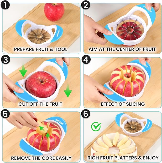SCHVUBENR 3.5 Inch Apple Slicer with 12 Sharp Blades - Professional Apple Cutter - Stainless Steel Apple Corer - Super Sharp Apple Slicer and Corer - Slice Apple with Ease(Blue)