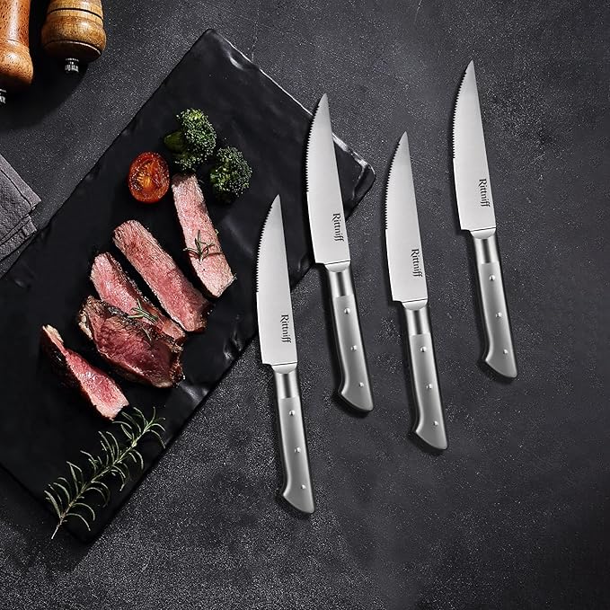Forged Steak Knives Set of 4, Full-Tang Serrated German Steel, Dishwasher-Safe Luxury Gift Box, Sharp 1.2" Wide Handle Non-Slip, Ultimate Housewarming & Wedding Steak Knife Set