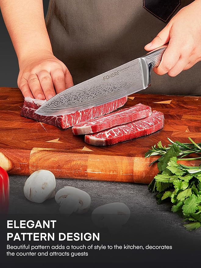 Knife Block Set, FOHERE Knife Set with Advanced Self Sharpening Technology, 14 Pieces Waved Texture Kitchen Knife Set, Stainless Steel Knife Set with Block, Sharp Knives with Non-slip Ergonomic Handle
